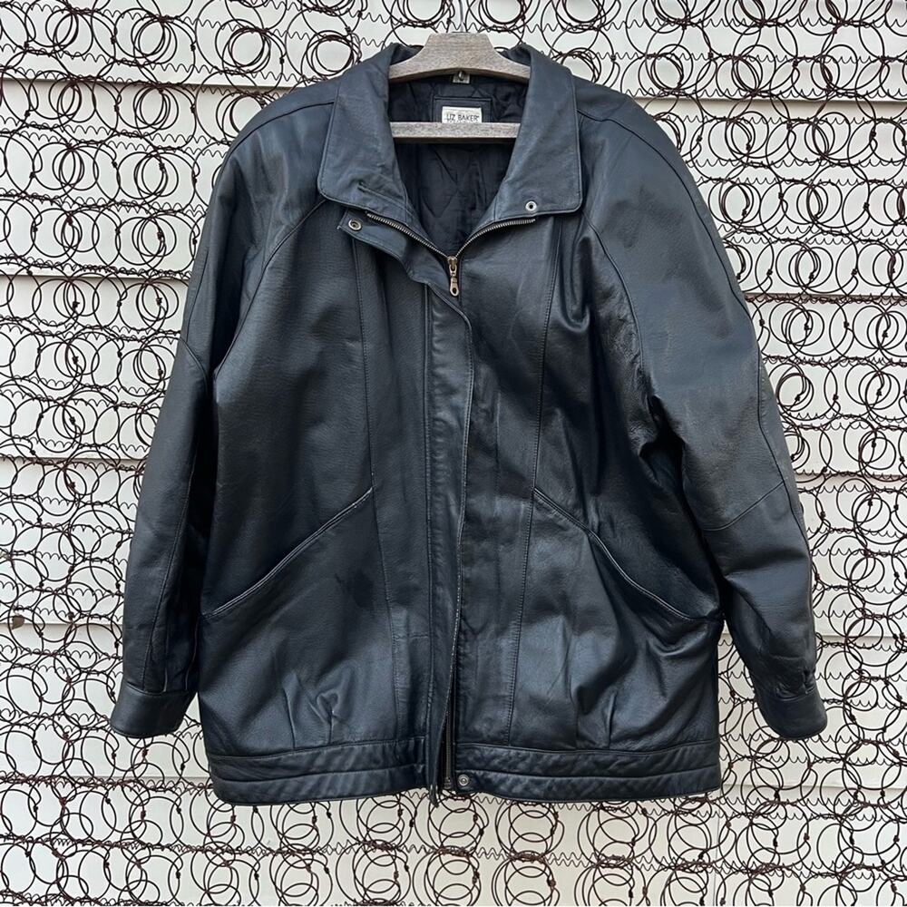 Vintage 90s Liz Baker Black Leather Quilt Lined Oversize Bomber Jacket 1X